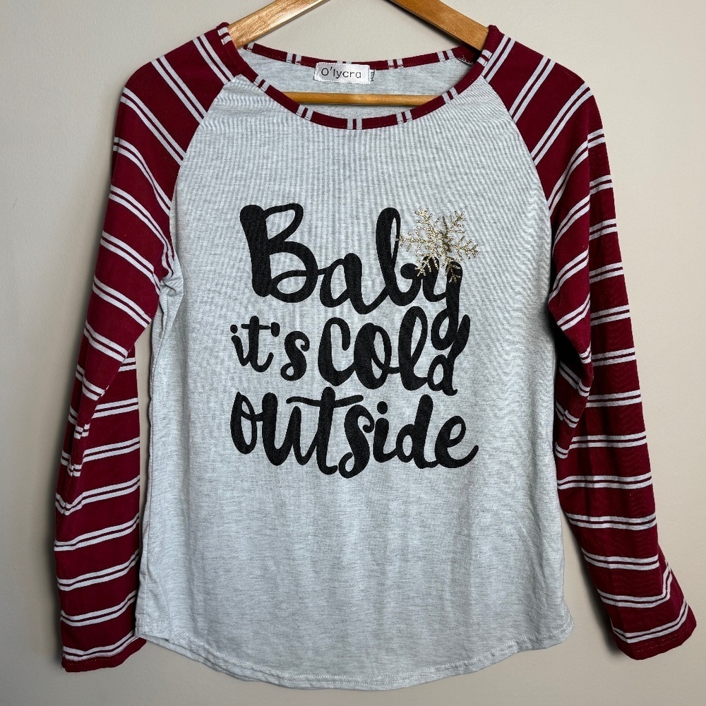 O'Lycra Girl's Gray "Baby It's Cold Outside" Long Sleeve‎ Sleep Shirt Size XXL